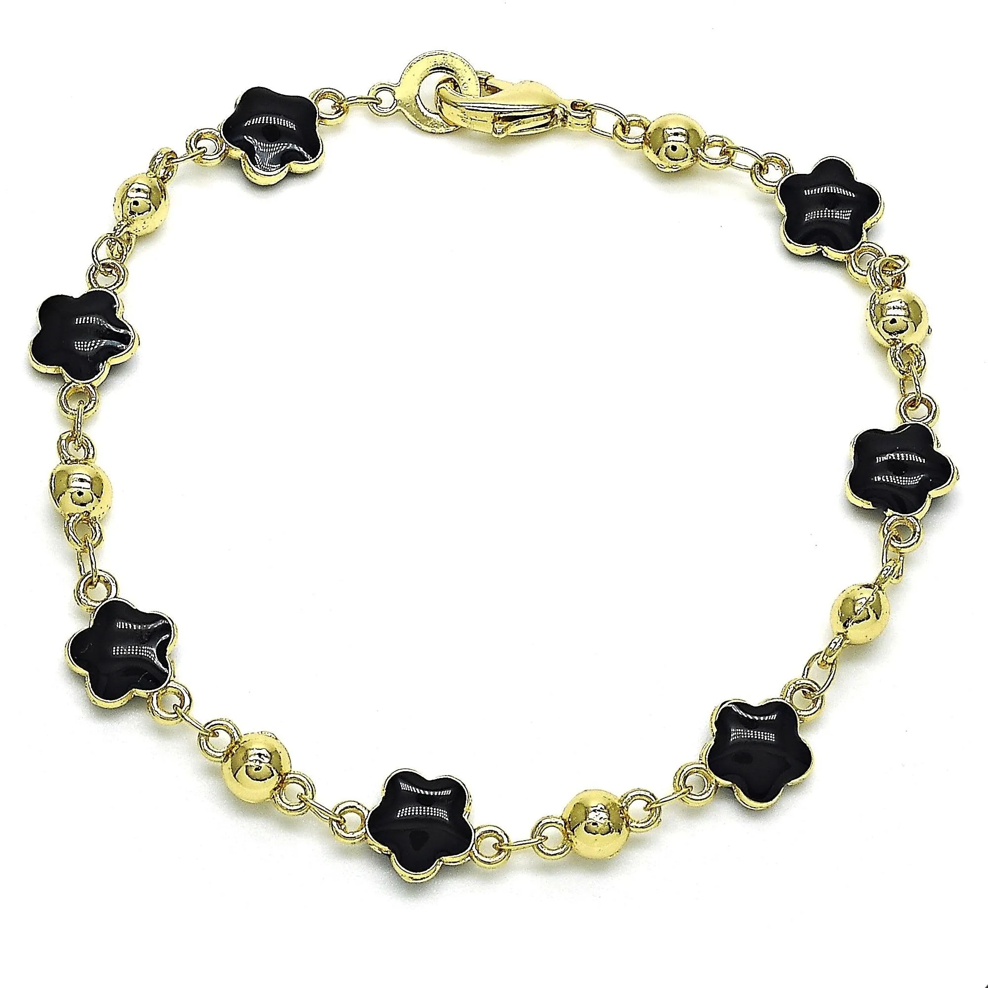 14K Gold Filled High Polish Finsh Coral/Black/ Turquoise Enamel Flower Bracelet 8 Inches Women Teens