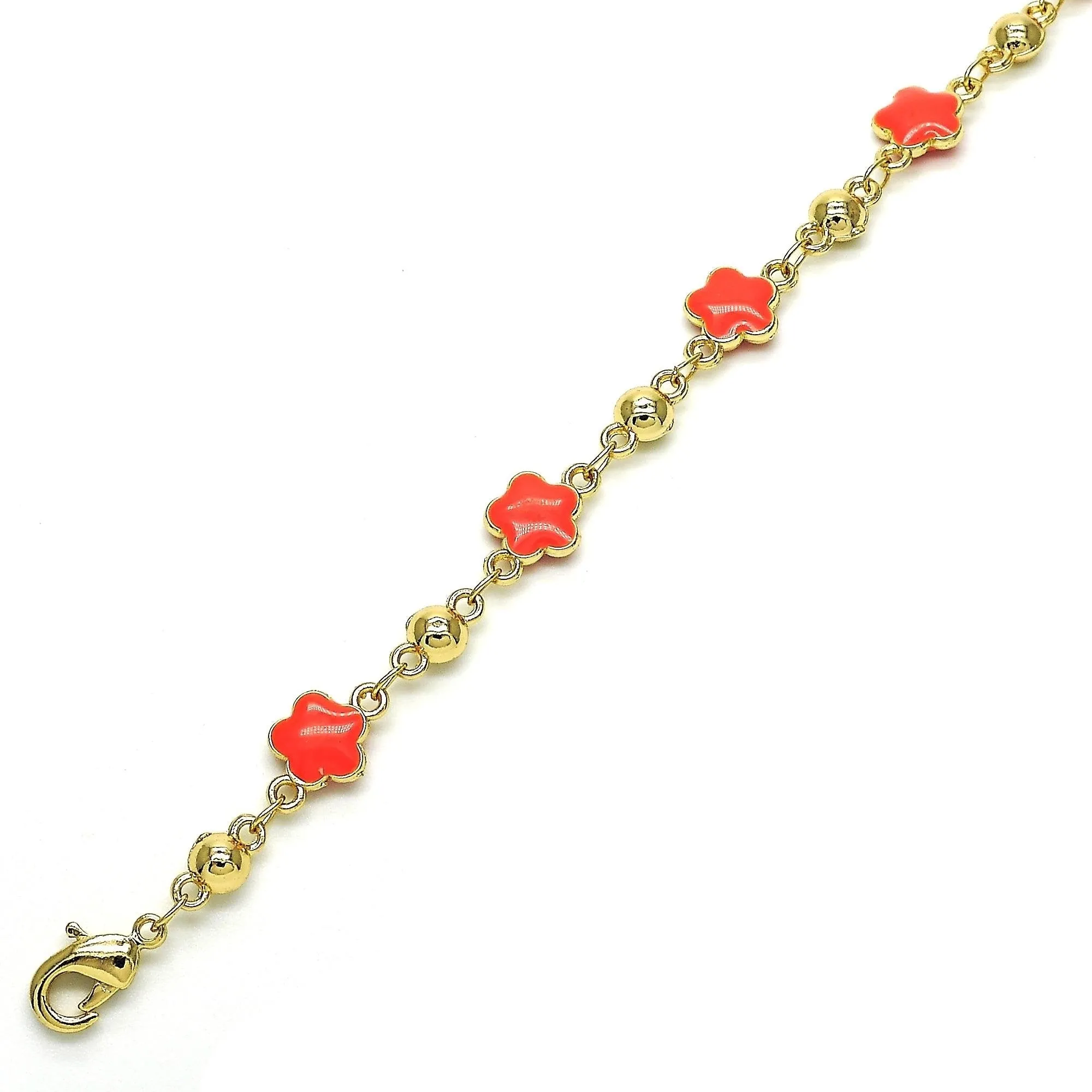 14K Gold Filled High Polish Finsh Coral/Black/ Turquoise Enamel Flower Bracelet 8 Inches Women Teens