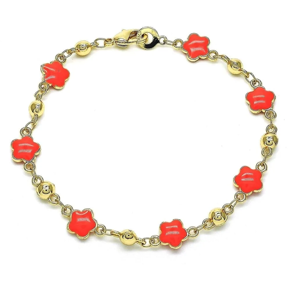 14K Gold Filled High Polish Finsh Coral/Black/ Turquoise Enamel Flower Bracelet 8 Inches Women Teens