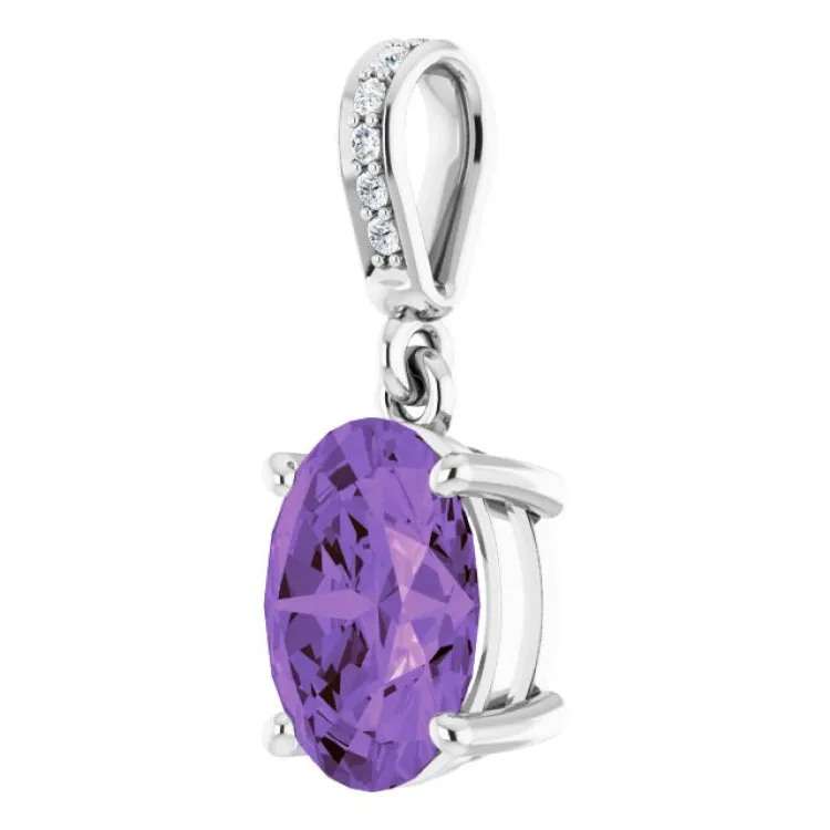 14K White 9x7 mm Oval Natural Amethyst and .03 CTW Natural Diamond Pendant