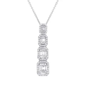 14K White Gold Diamond Drop Pendant Necklace, Baguette Design with Halos