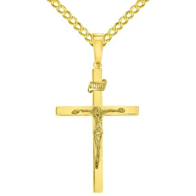 14k Yellow Gold 3D INRI Catholic Christian Crucifix Cross Pendant with Cuban Chain Curb Necklace