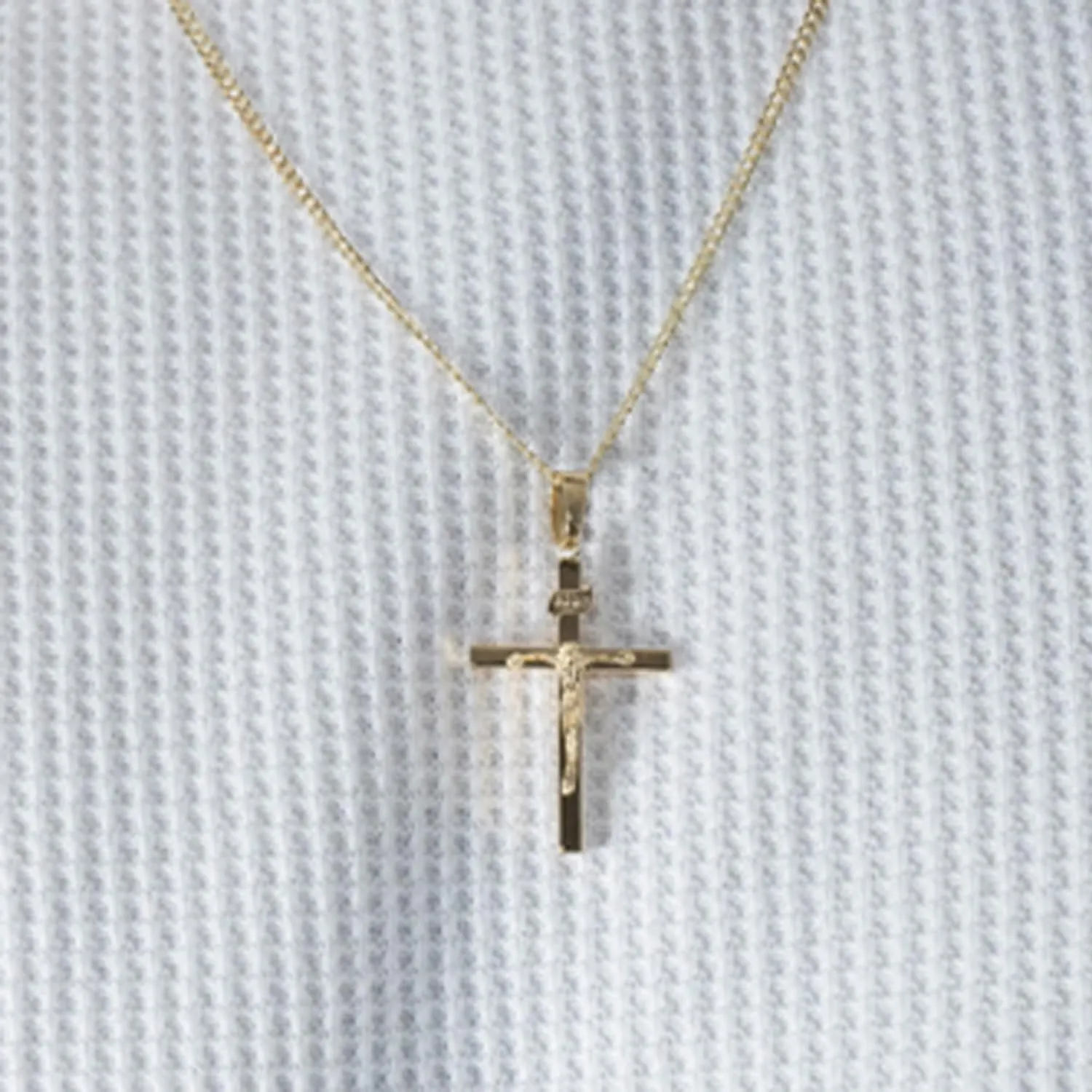 14k Yellow Gold 3D INRI Catholic Christian Crucifix Cross Pendant with Cuban Chain Curb Necklace