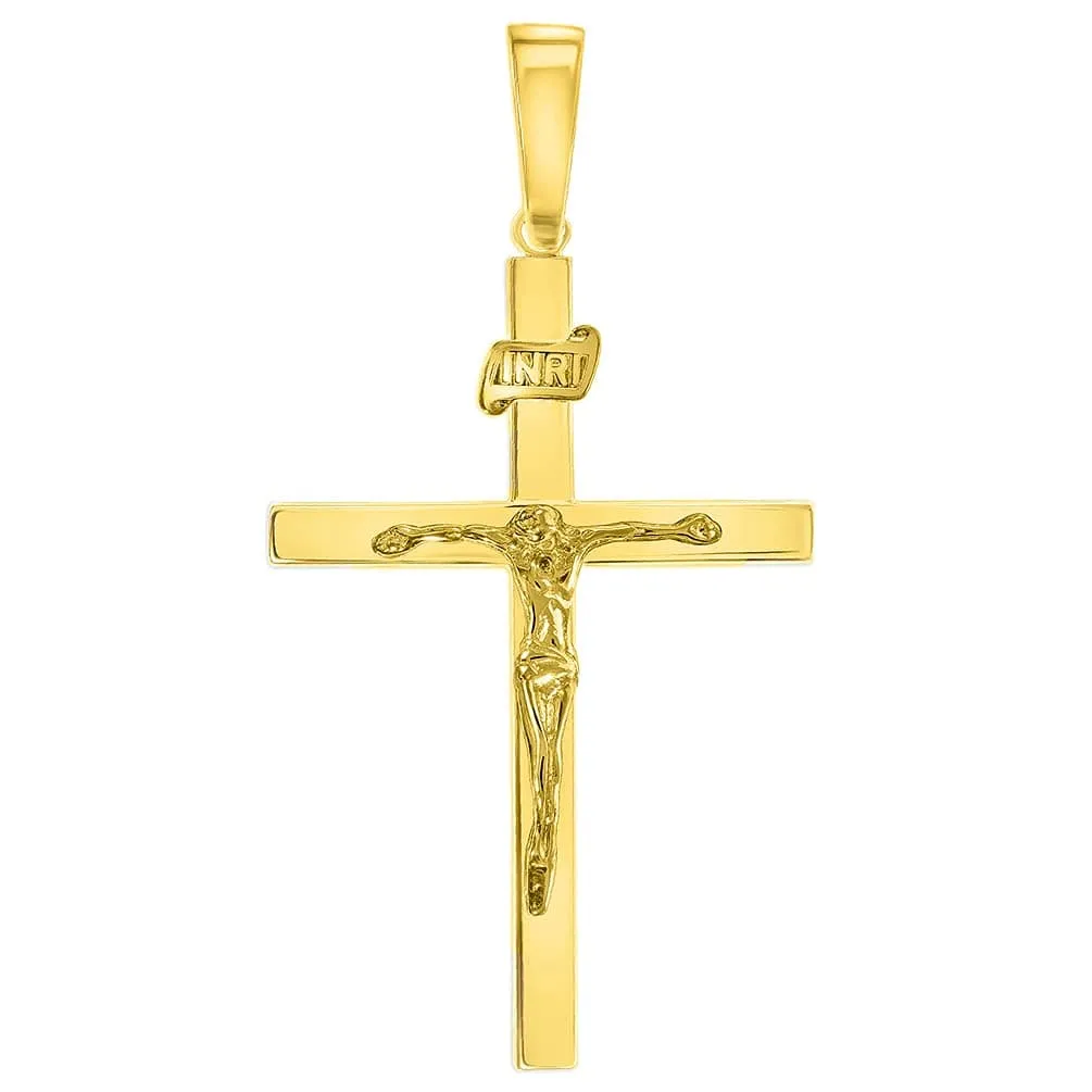 14k Yellow Gold 3D INRI Catholic Christian Crucifix Cross Pendant with Cuban Chain Curb Necklace