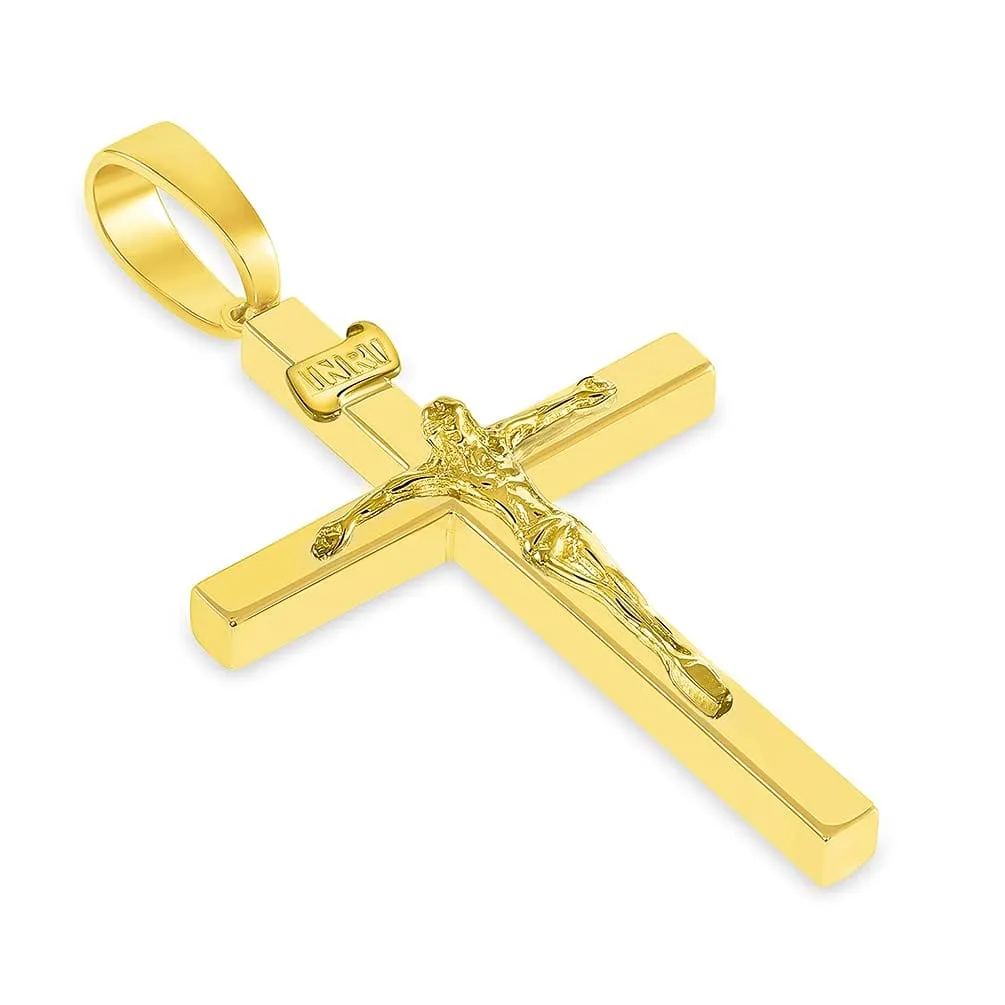 14k Yellow Gold 3D INRI Catholic Christian Crucifix Cross Pendant with Cuban Chain Curb Necklace