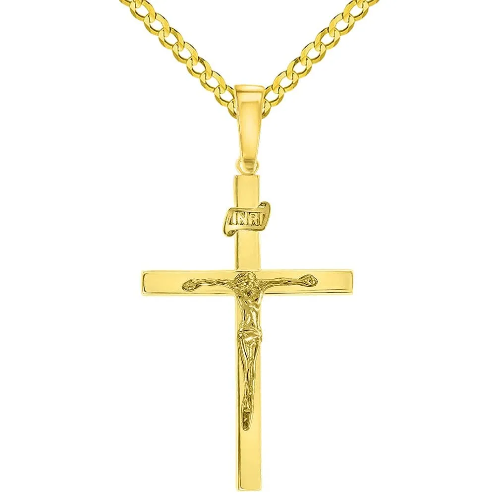 14k Yellow Gold 3D INRI Catholic Christian Crucifix Cross Pendant with Cuban Chain Curb Necklace