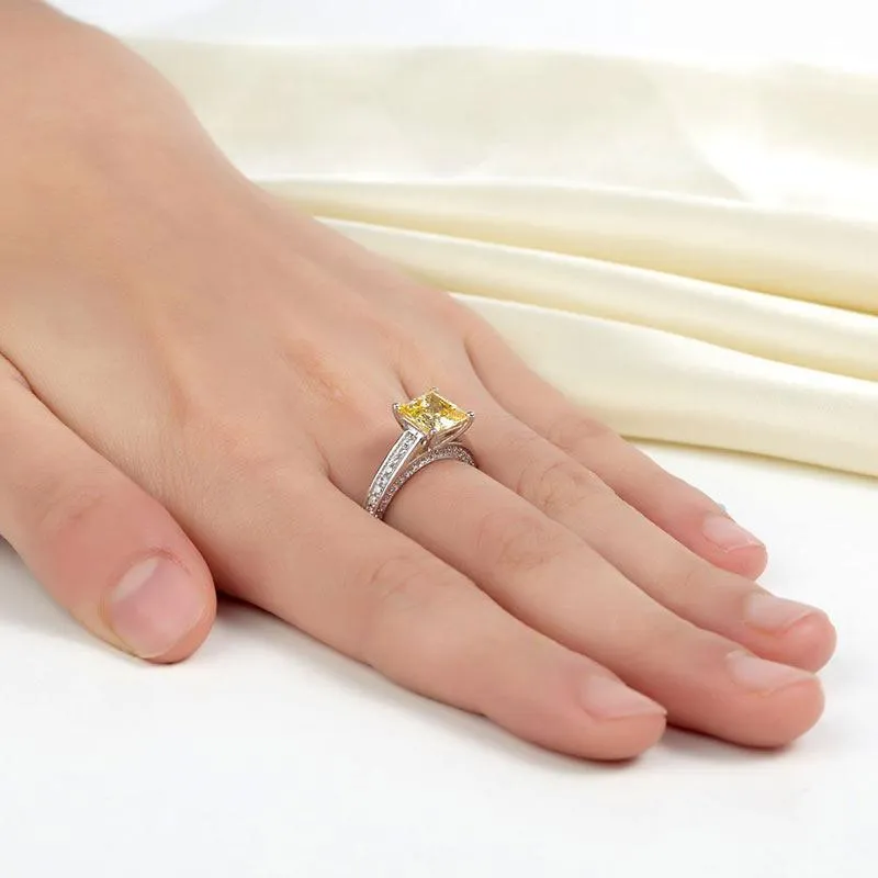 1.5 Carat Princess Cut Yellow Canary Created Zirconia 925 Sterling Silver Wedding Engagement Ring MXFR8194