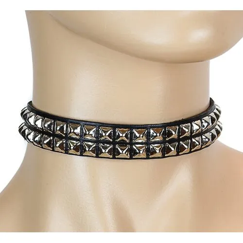 2 Row Pyramid Stud Leather Choker