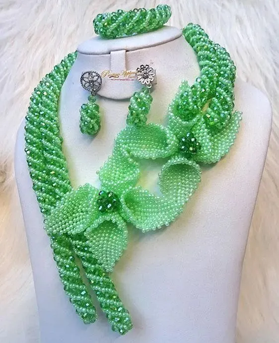 2 Tones Green New Latest Design 2 Pattern Party African Nigerian Beads Jewellery Set