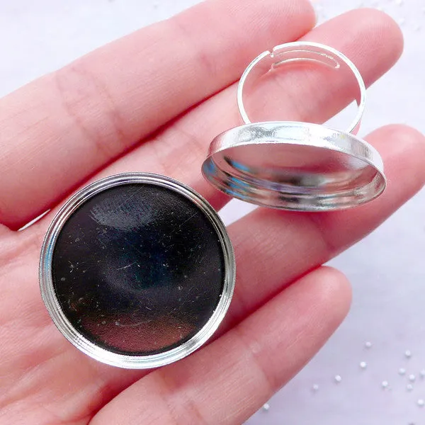25mm Round Bezel Ring Blanks | Silver Adjustable Bezel Ring | Ring Bases with Cabochon Bezel Cups | Jewelry Settings (2 pcs)
