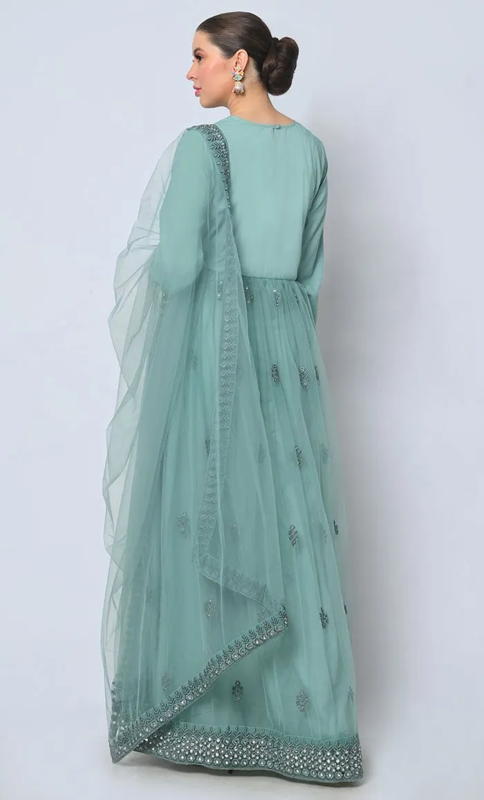 2pc Heavy Foil Work Embroidered Aqua Sky Anarkali and Dupatta Set