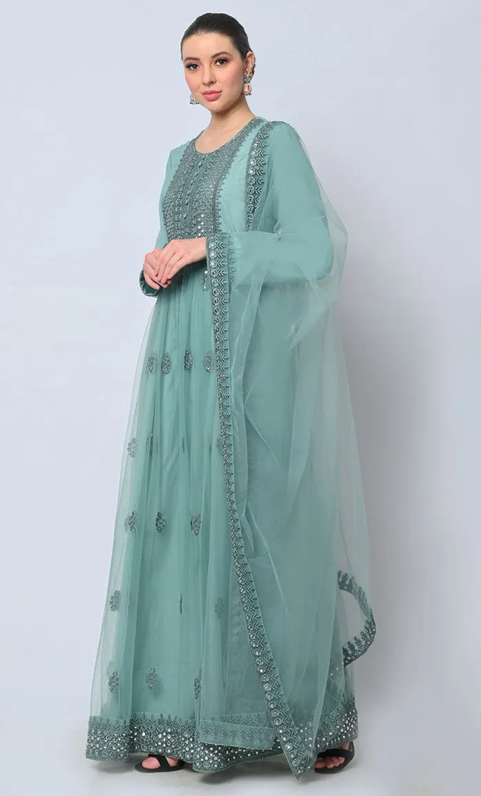 2pc Heavy Foil Work Embroidered Aqua Sky Anarkali and Dupatta Set