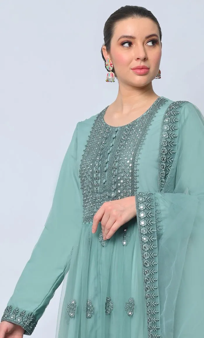2pc Heavy Foil Work Embroidered Aqua Sky Anarkali and Dupatta Set
