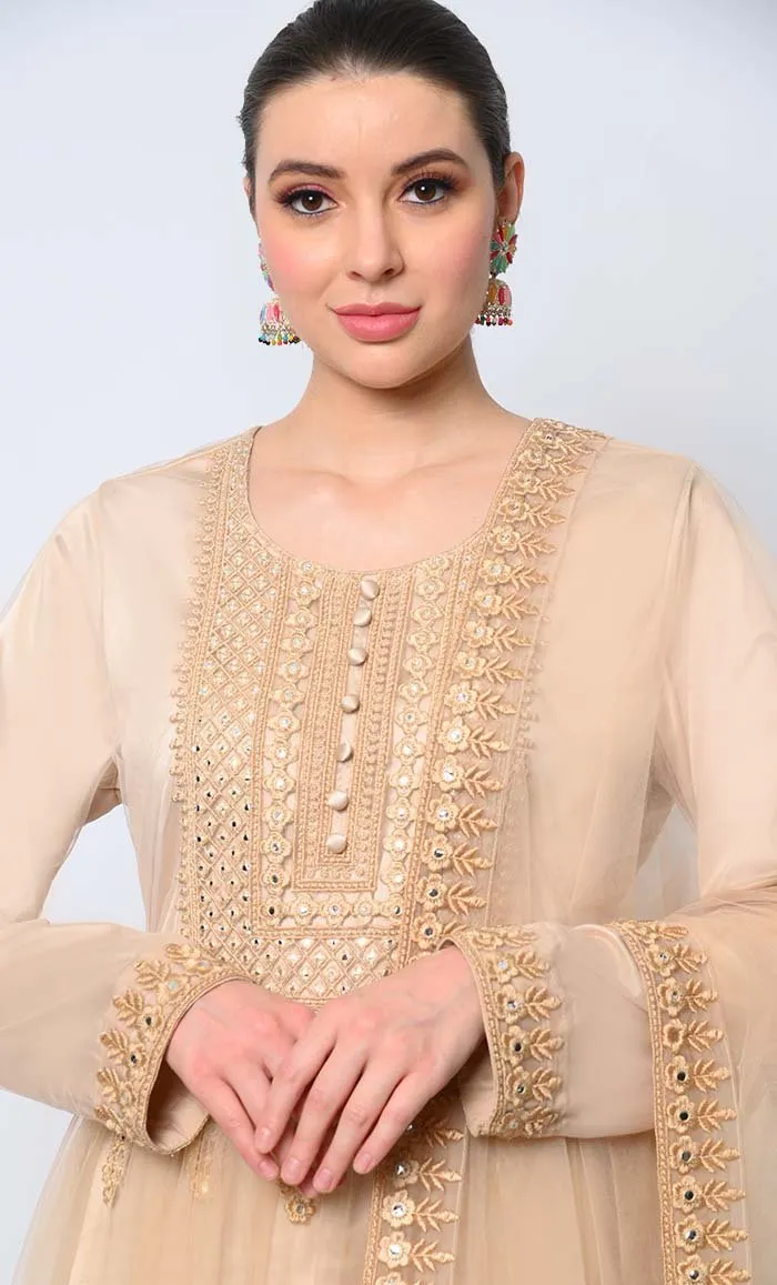 2pc Heavy Foil Work Embroidered Sand Anarkali and Dupatta Set