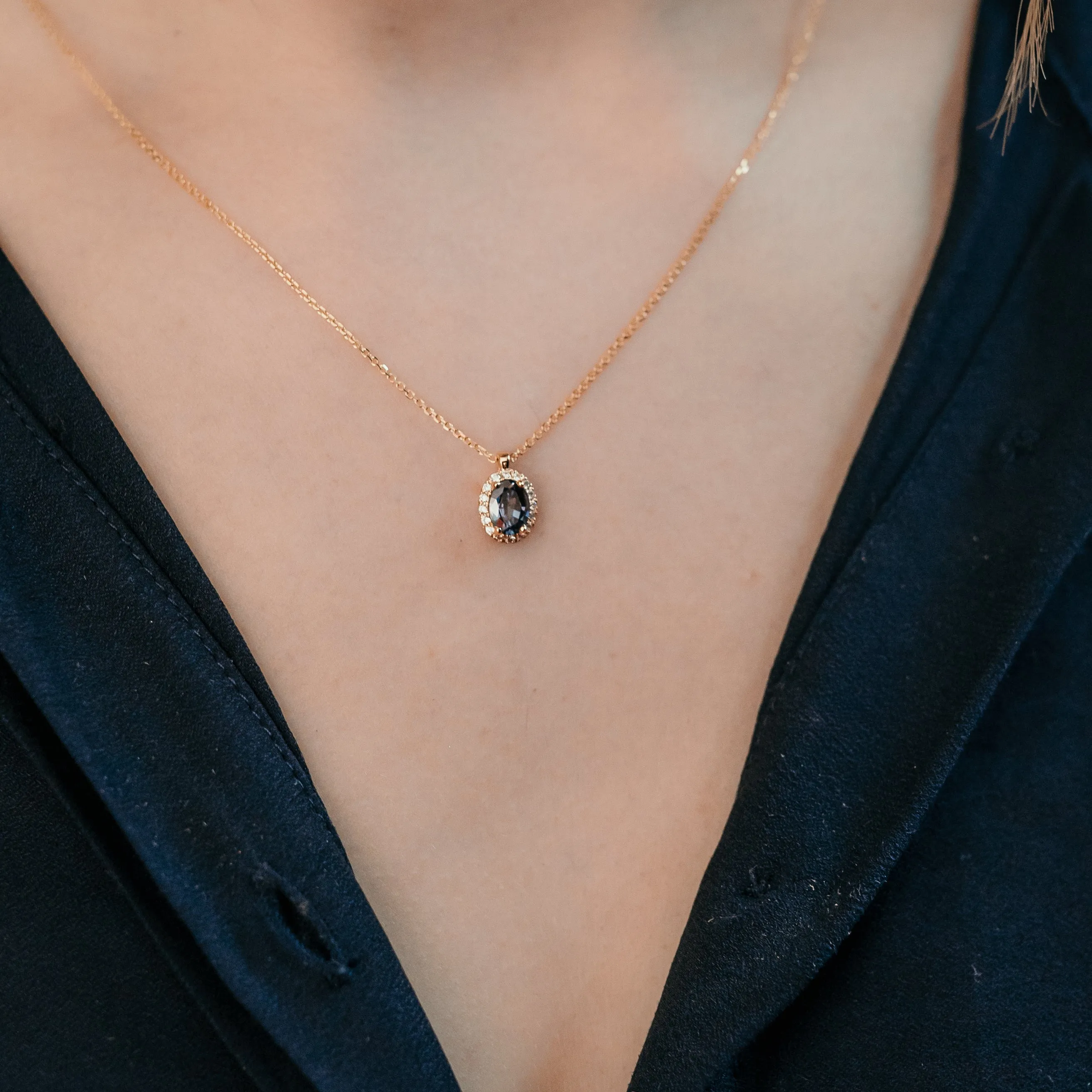 Alexandrite and Diamond Halo Necklace