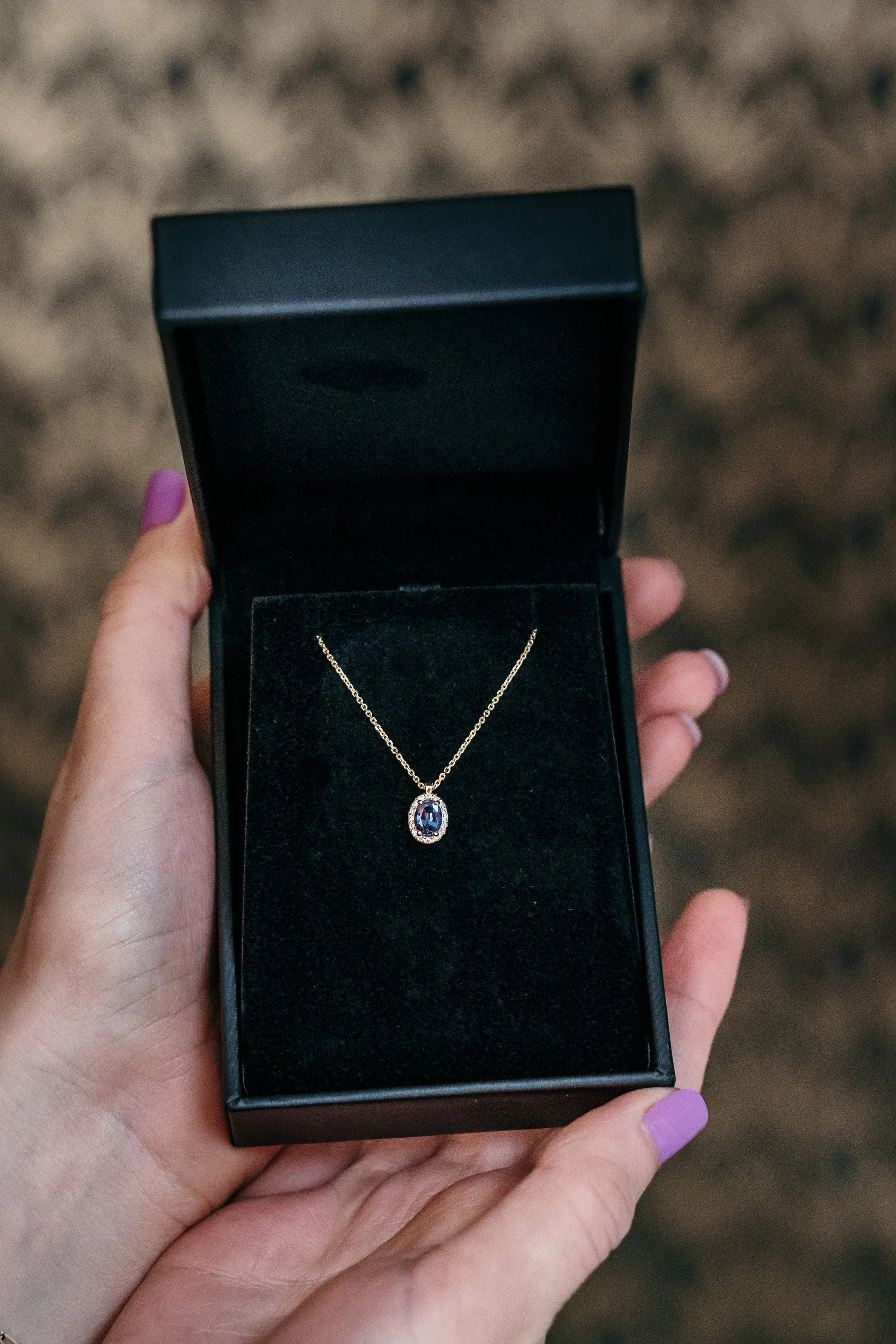 Alexandrite and Diamond Halo Necklace