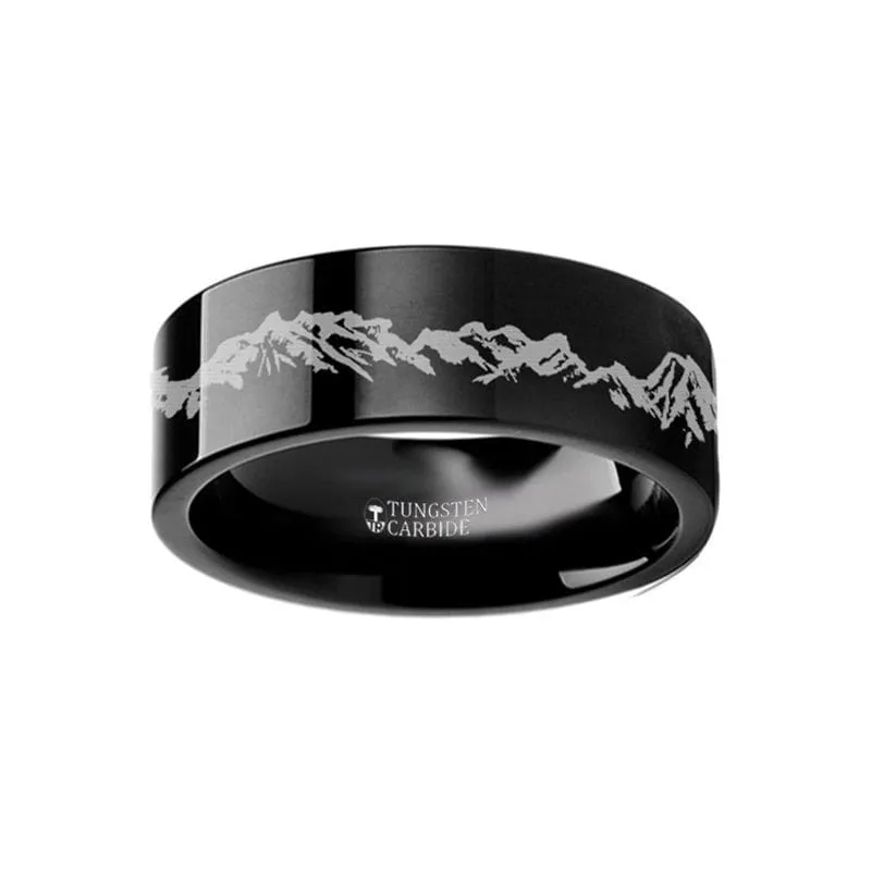 AMES Mountain Range Outdoors Landscape Engraved Black Tungsten Ring  4mm - 12mm