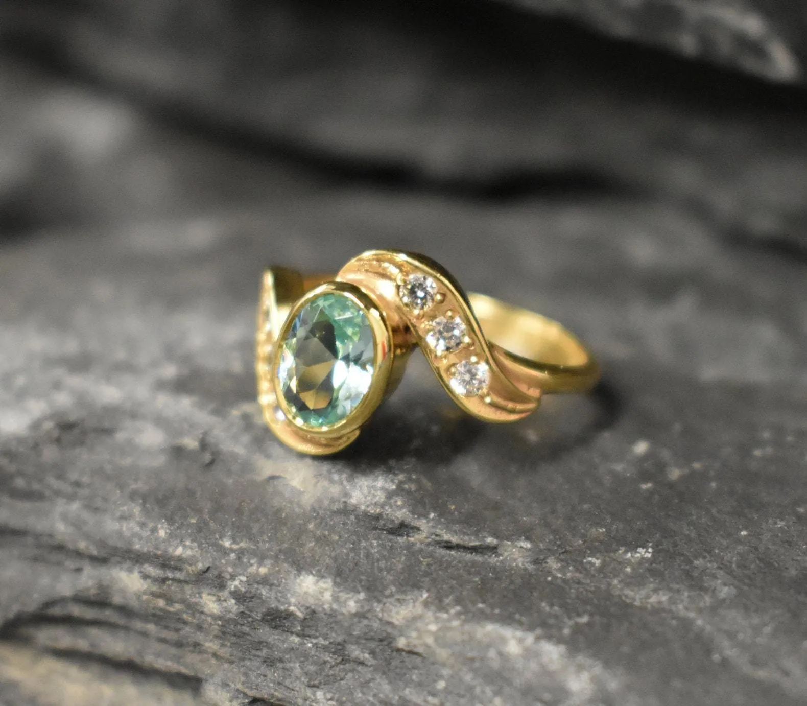 Aquamarine Gold Ring - Oval Aquamarine Ring - Vintage Aqua Ring
