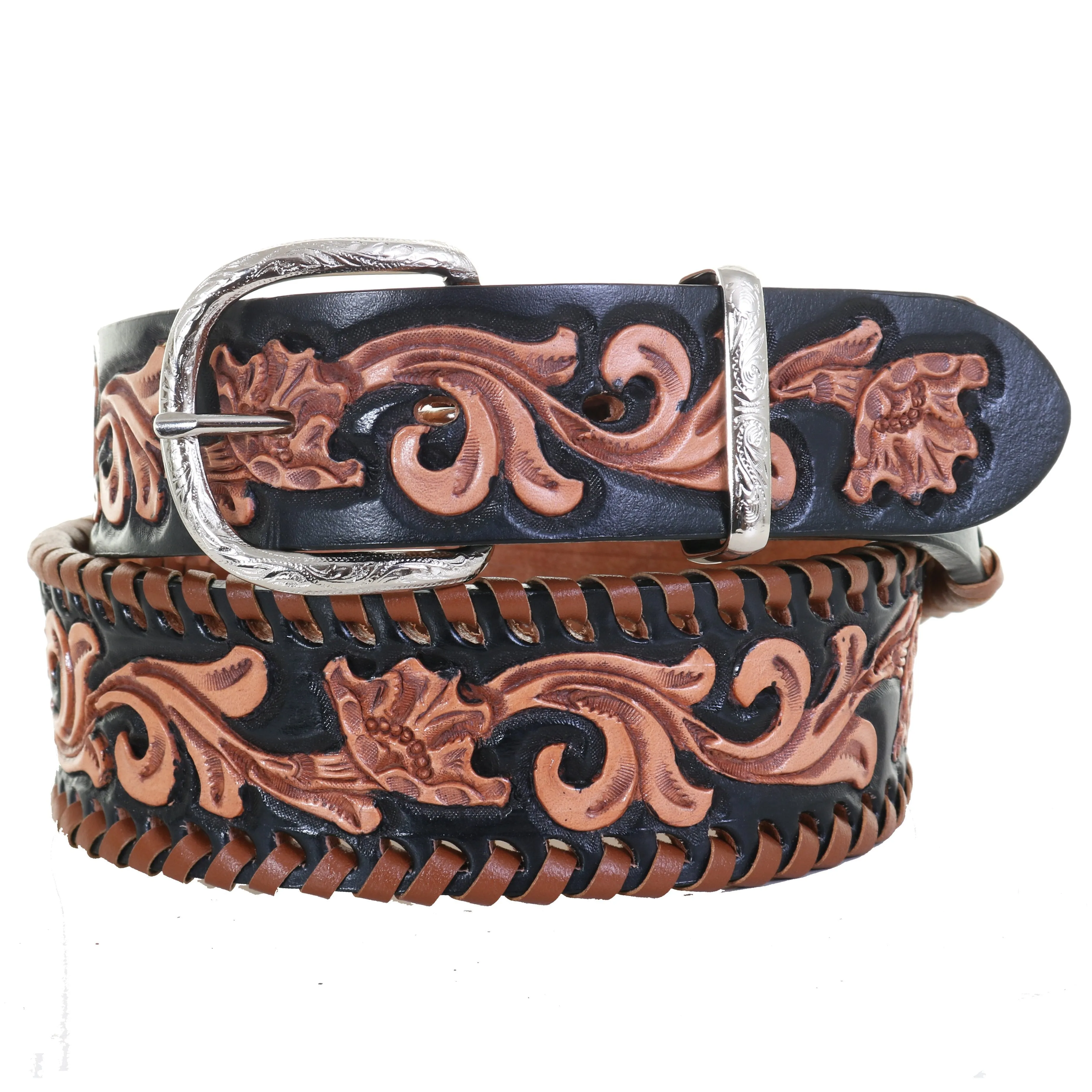 B1082 - Floral Tooled and Whip Stitched Belt