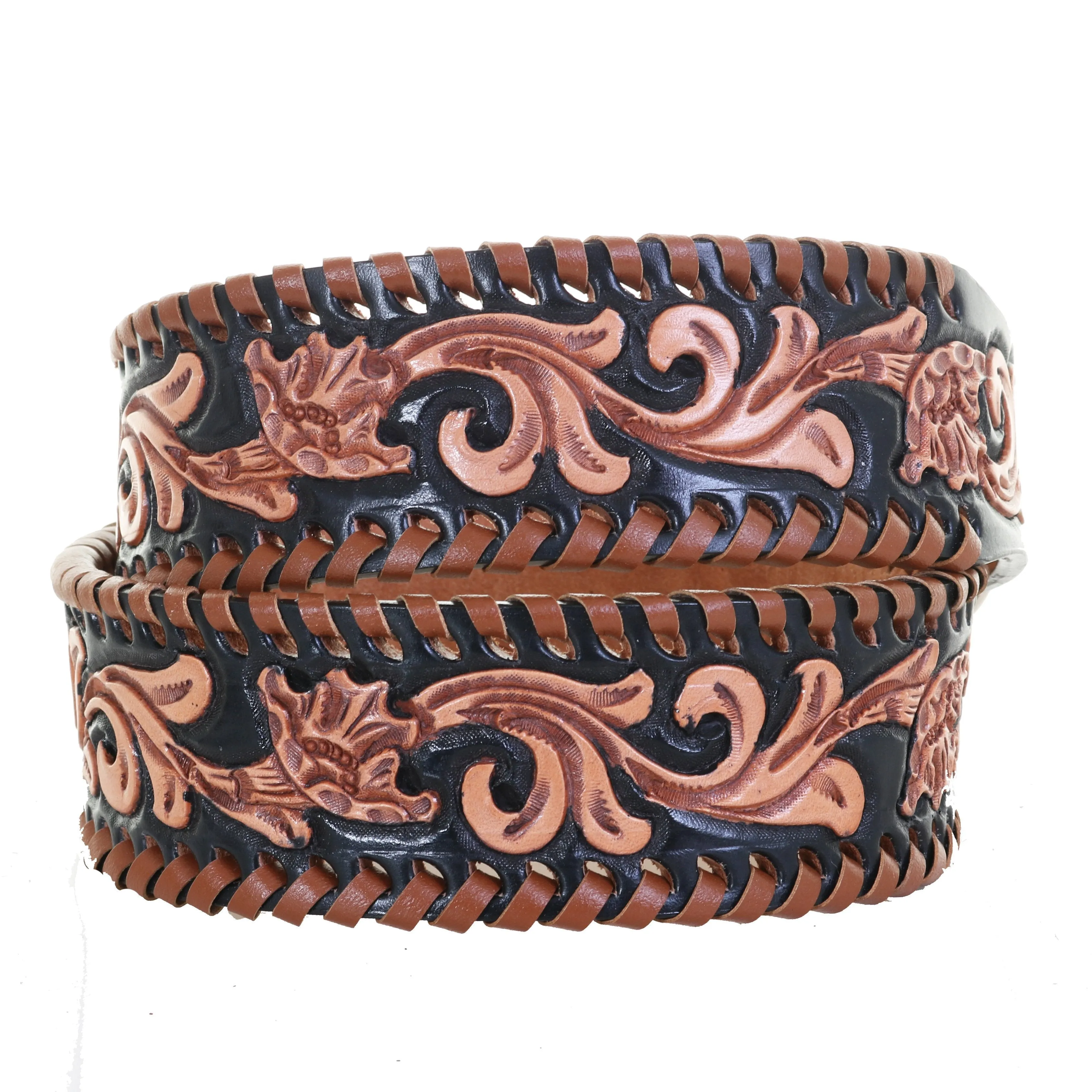 B1082 - Floral Tooled and Whip Stitched Belt