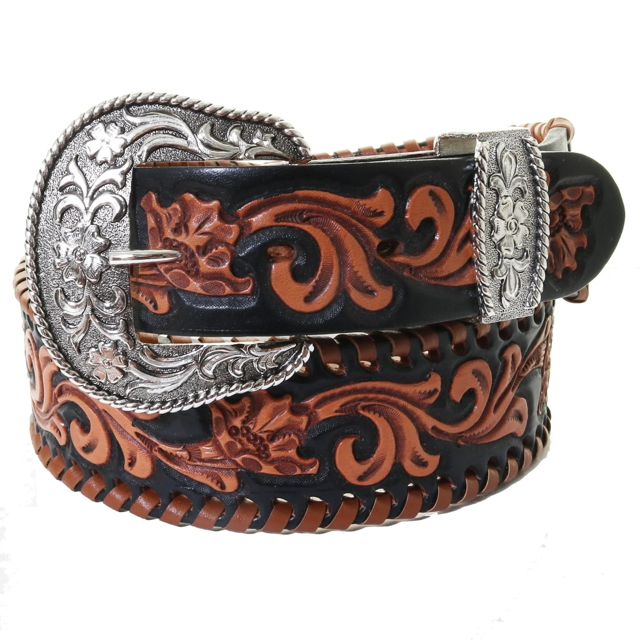 B1082 - Floral Tooled and Whip Stitched Belt