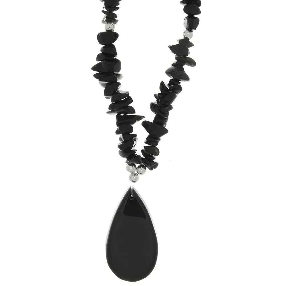 BEADED GEMSTONE BLACK STONE CHIP W/ TEARDROP NECKLACE