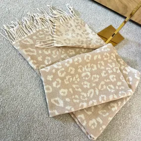 Beige & Taupe Reversible Animal Print Scarf With Tassel Fringe