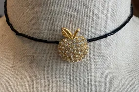 Black Bead Apple Gold Tone Rhinestone Choker Necklace