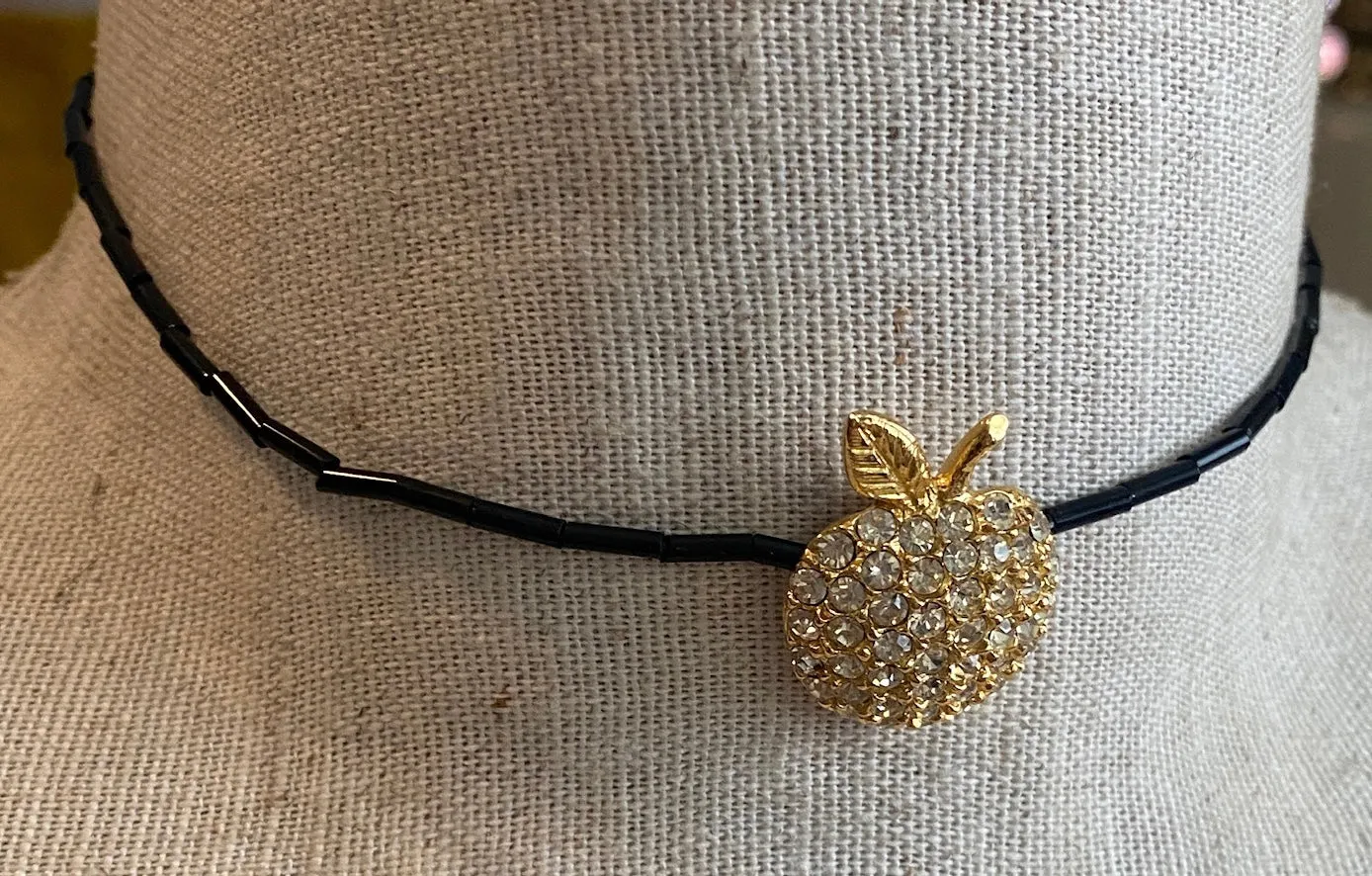 Black Bead Apple Gold Tone Rhinestone Choker Necklace