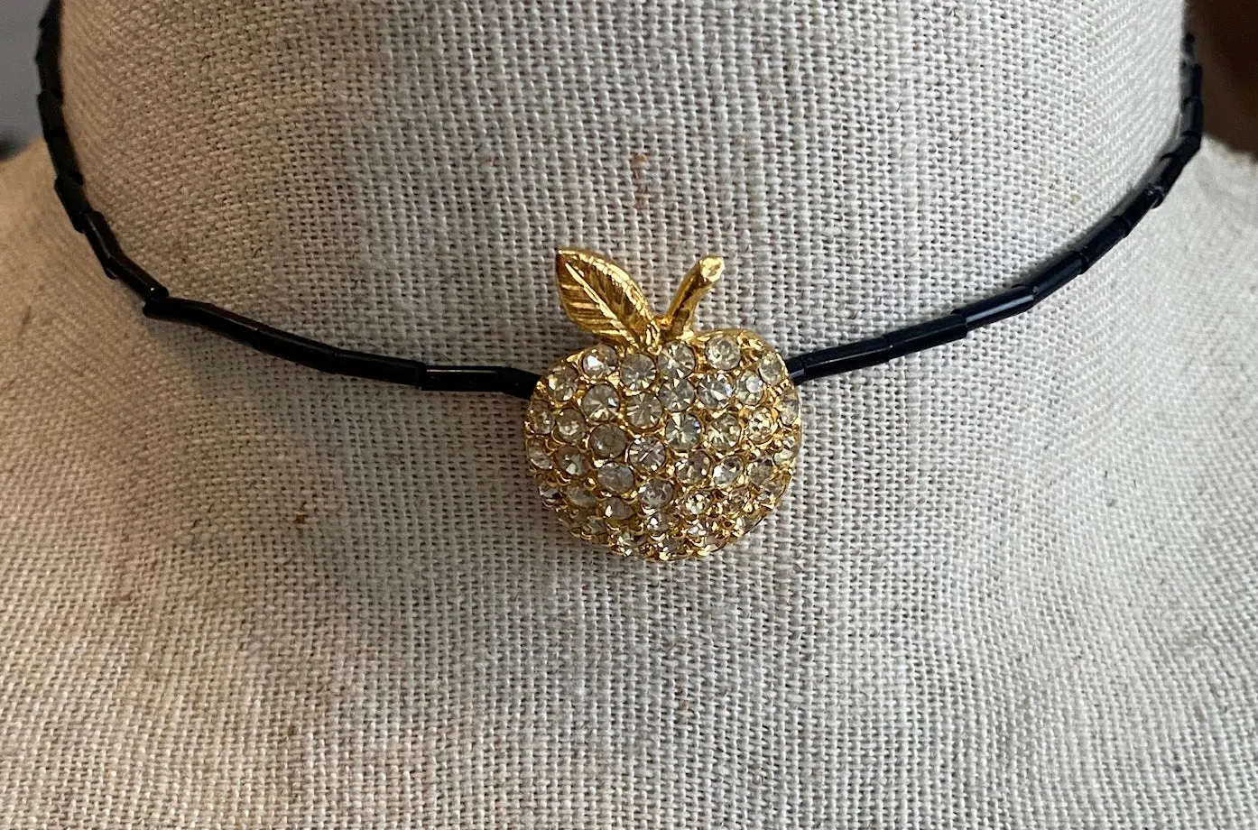 Black Bead Apple Gold Tone Rhinestone Choker Necklace