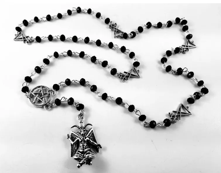 Black/Silver Rosary Necklace w/ Hanging Baphomet Detail