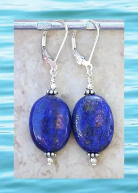 Blue Lapis Lazuli Gemstone Sterling Silver Dangle Earrings 2”