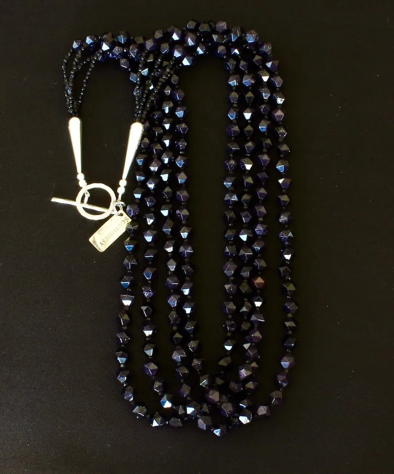 Blue Sandstone Faceted Star Cut 4-Strand Necklace with Czechoslovakian Nailheads and Sterling Silver