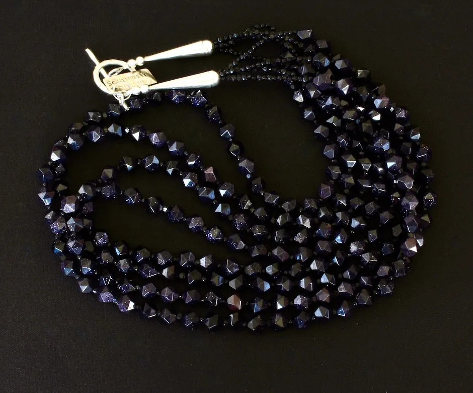 Blue Sandstone Faceted Star Cut 4-Strand Necklace with Czechoslovakian Nailheads and Sterling Silver