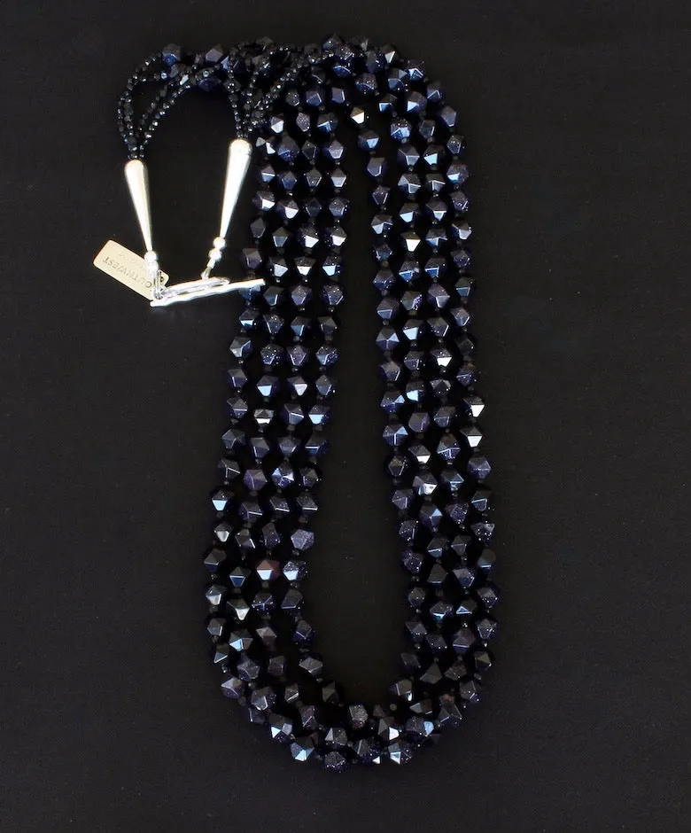 Blue Sandstone Faceted Star Cut 4-Strand Necklace with Czechoslovakian Nailheads and Sterling Silver