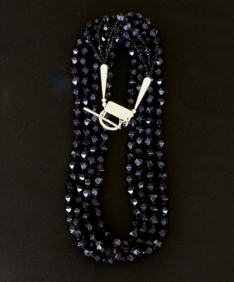 Blue Sandstone Faceted Star Cut 4-Strand Necklace with Czechoslovakian Nailheads and Sterling Silver