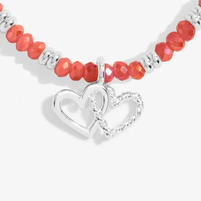 Boho Beads Double Heart Coral & Silver 17.5cm Stretch Bracelet 6806
