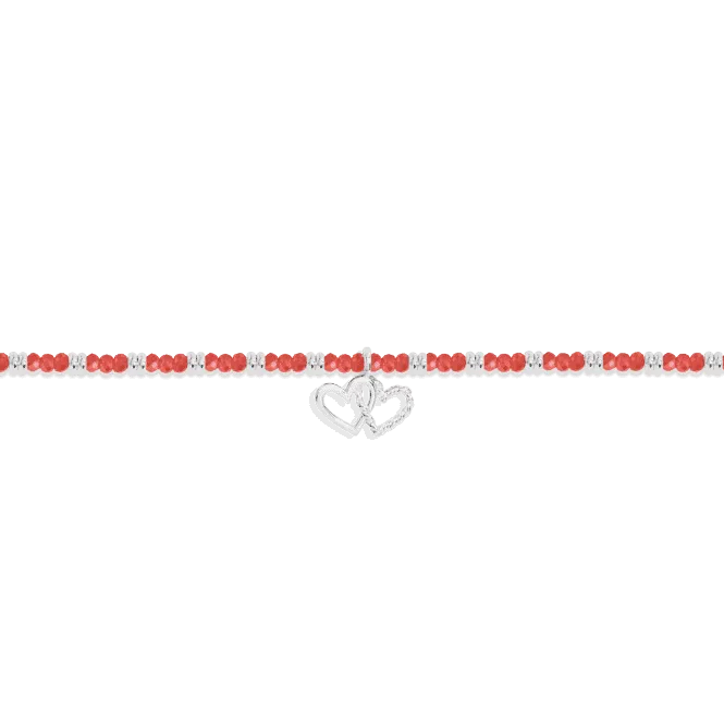 Boho Beads Double Heart Coral & Silver 17.5cm Stretch Bracelet 6806
