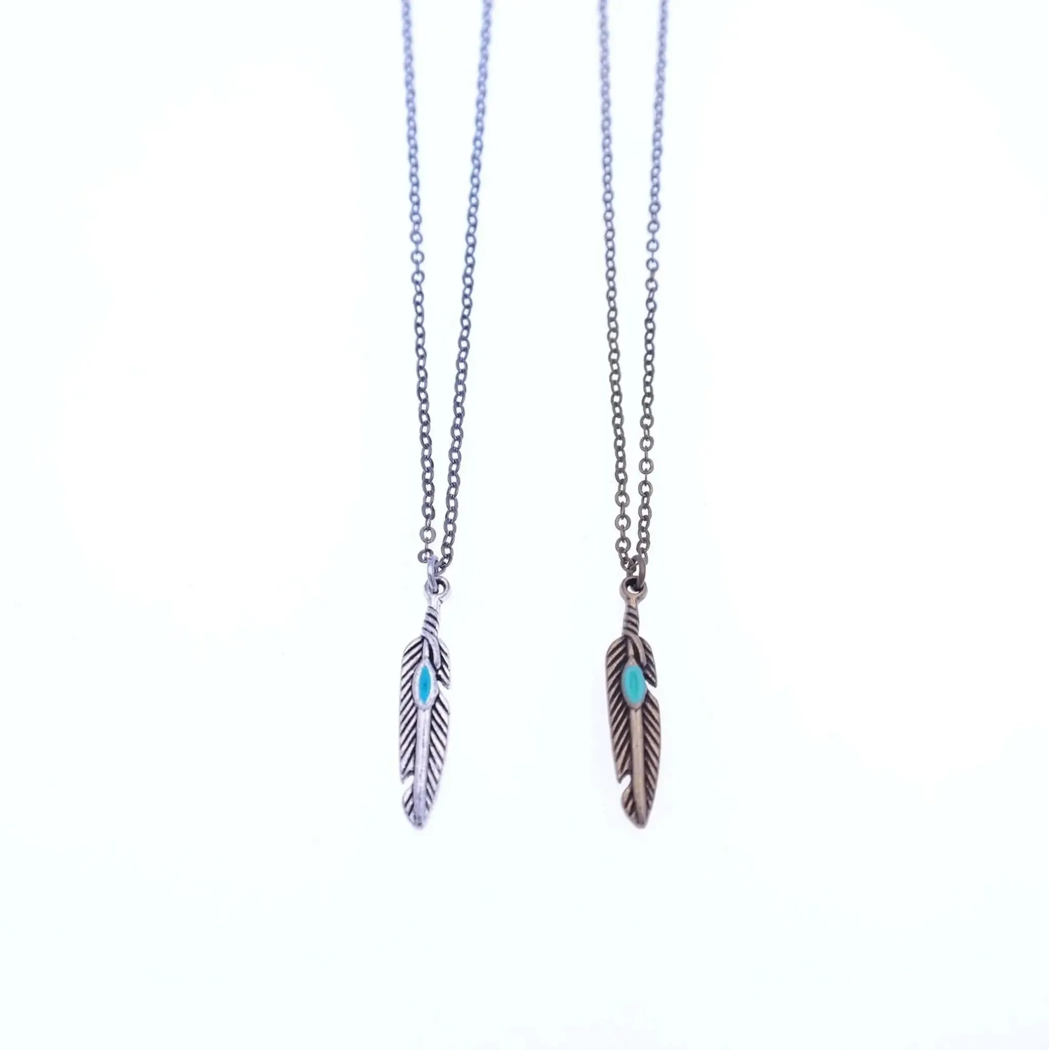Boho Feather Charm Necklace with Turquoise Detail - antique gold & antique silver