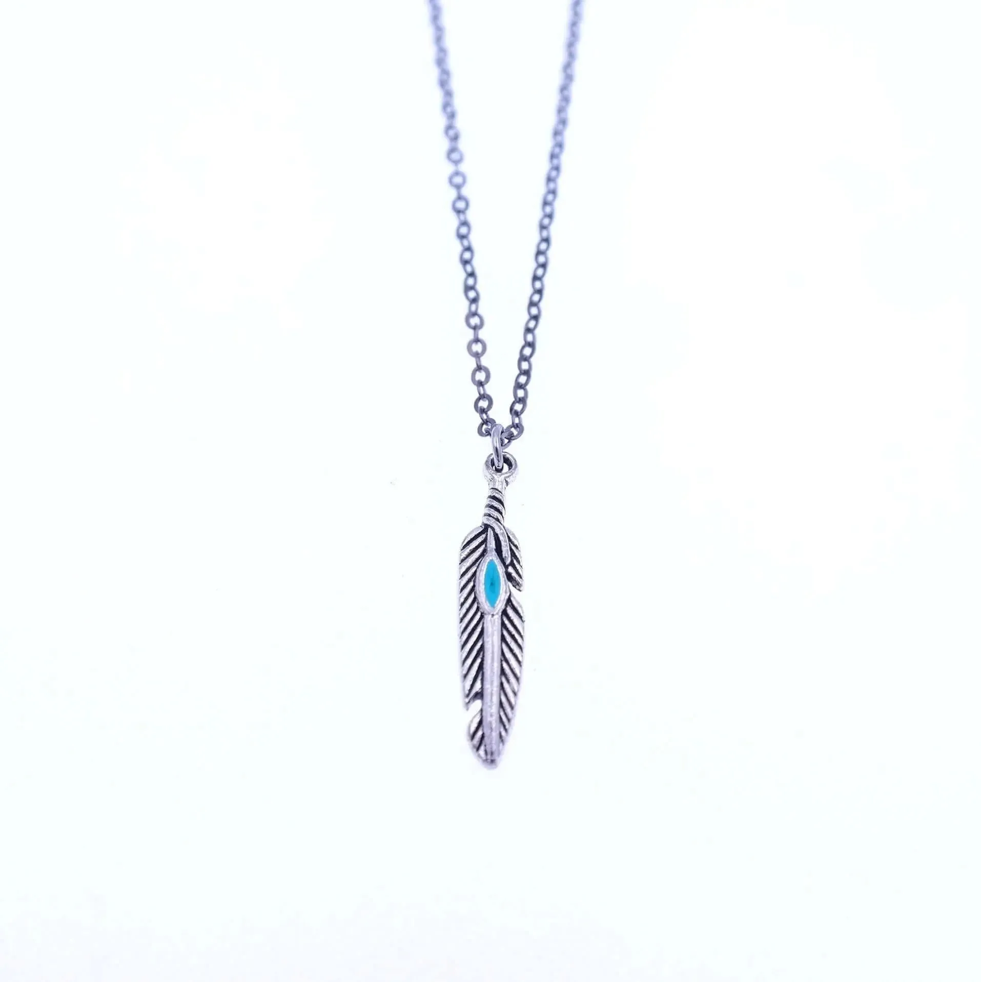 Boho Feather Charm Necklace with Turquoise Detail - antique gold & antique silver