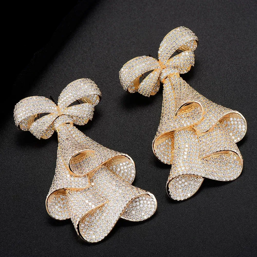 Bowknot Cubic Zirconia Statement Long Dangle Earrings For Women