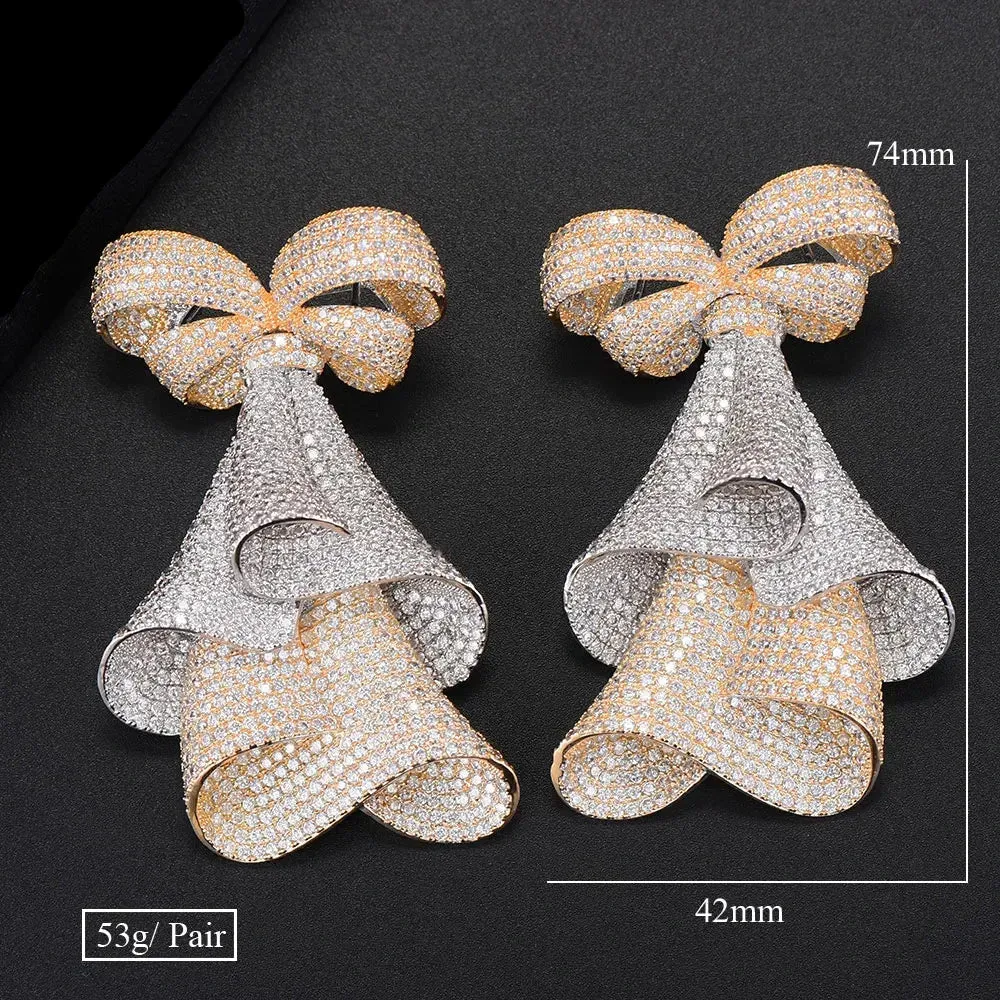 Bowknot Cubic Zirconia Statement Long Dangle Earrings For Women