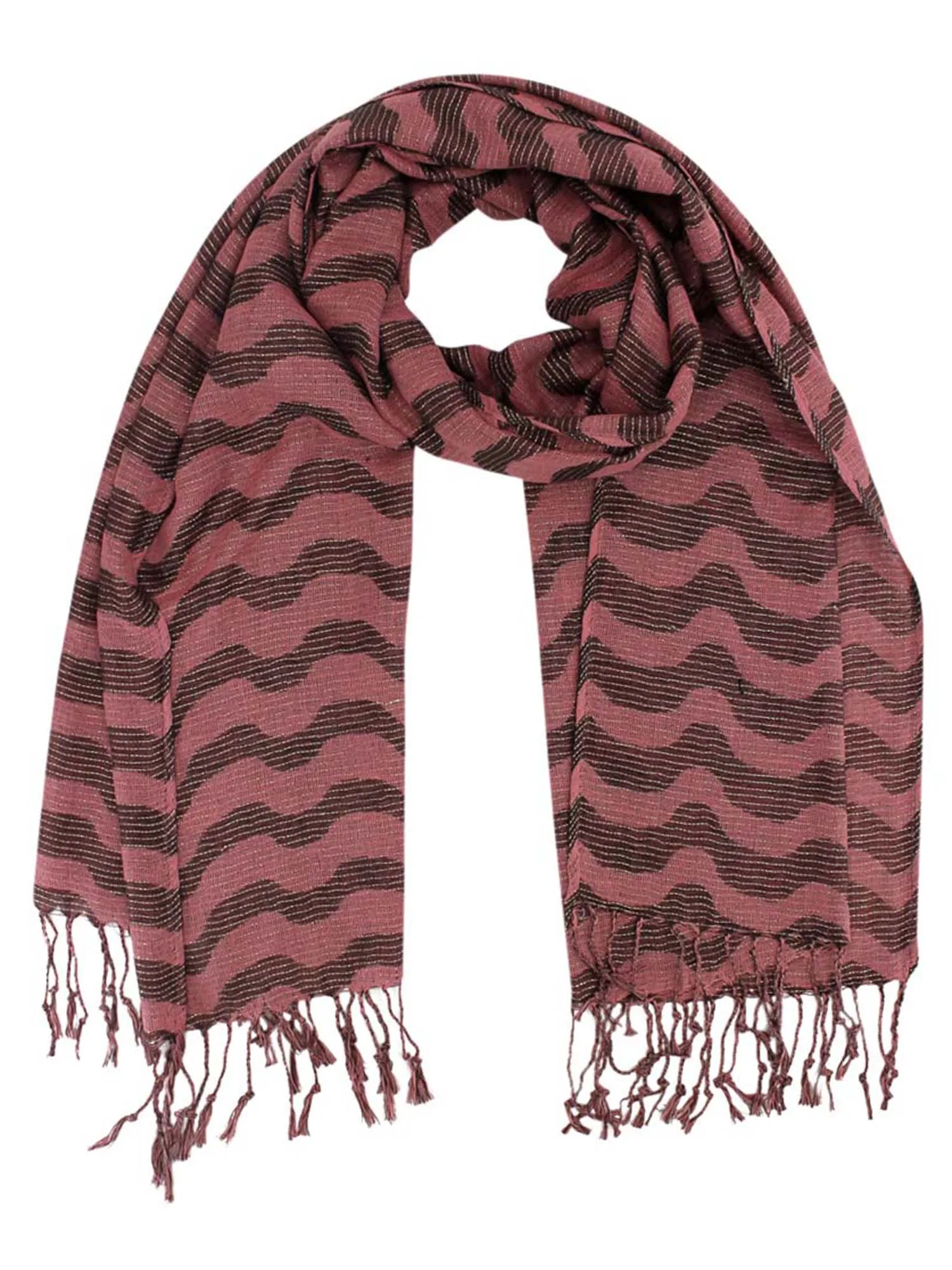 Brown & Pink Wavy Metallic Striped Fringed Scarf