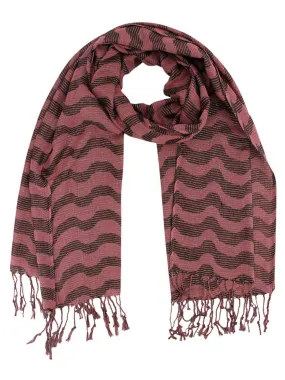 Brown & Pink Wavy Metallic Striped Fringed Scarf