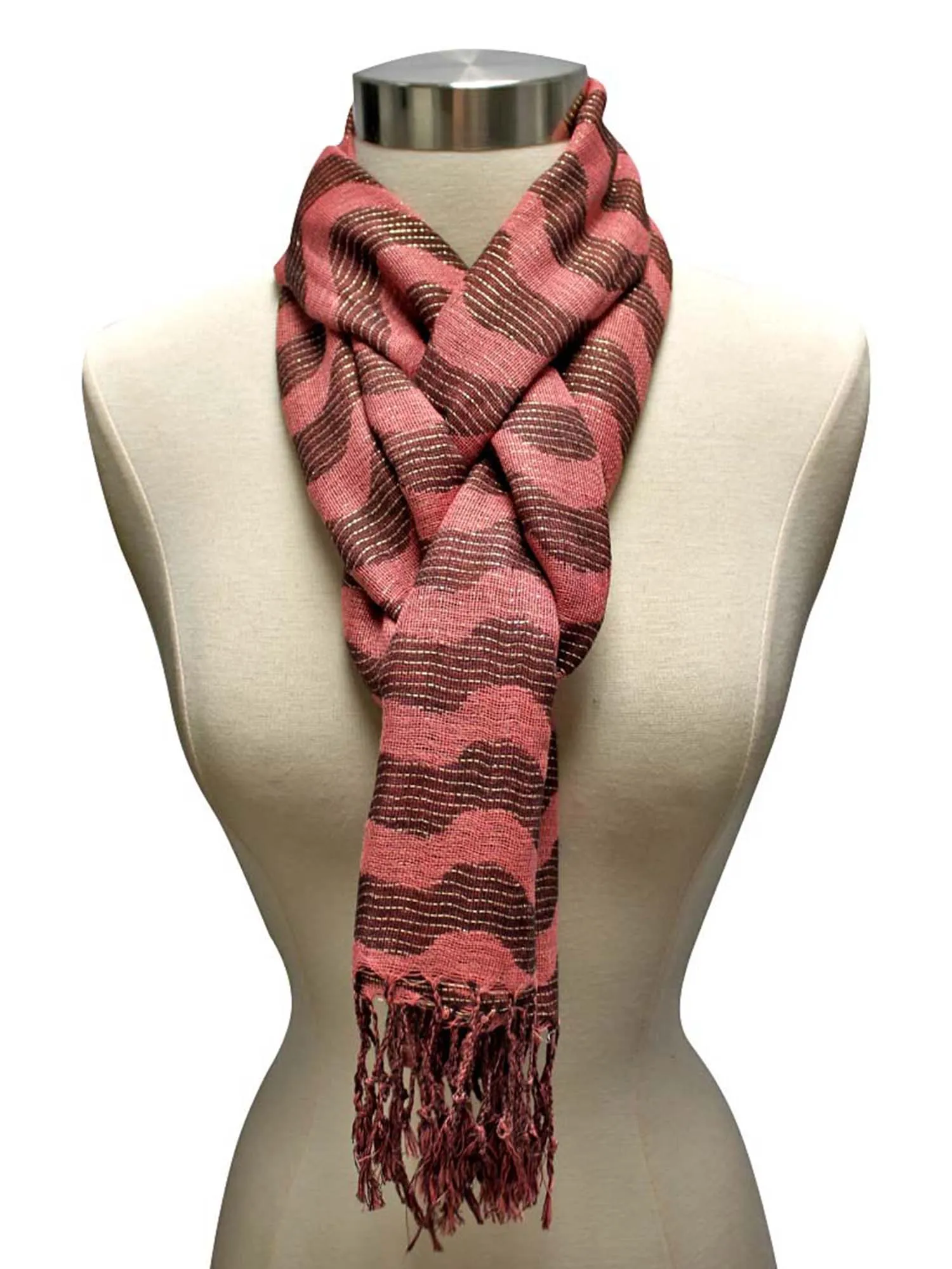 Brown & Pink Wavy Metallic Striped Fringed Scarf