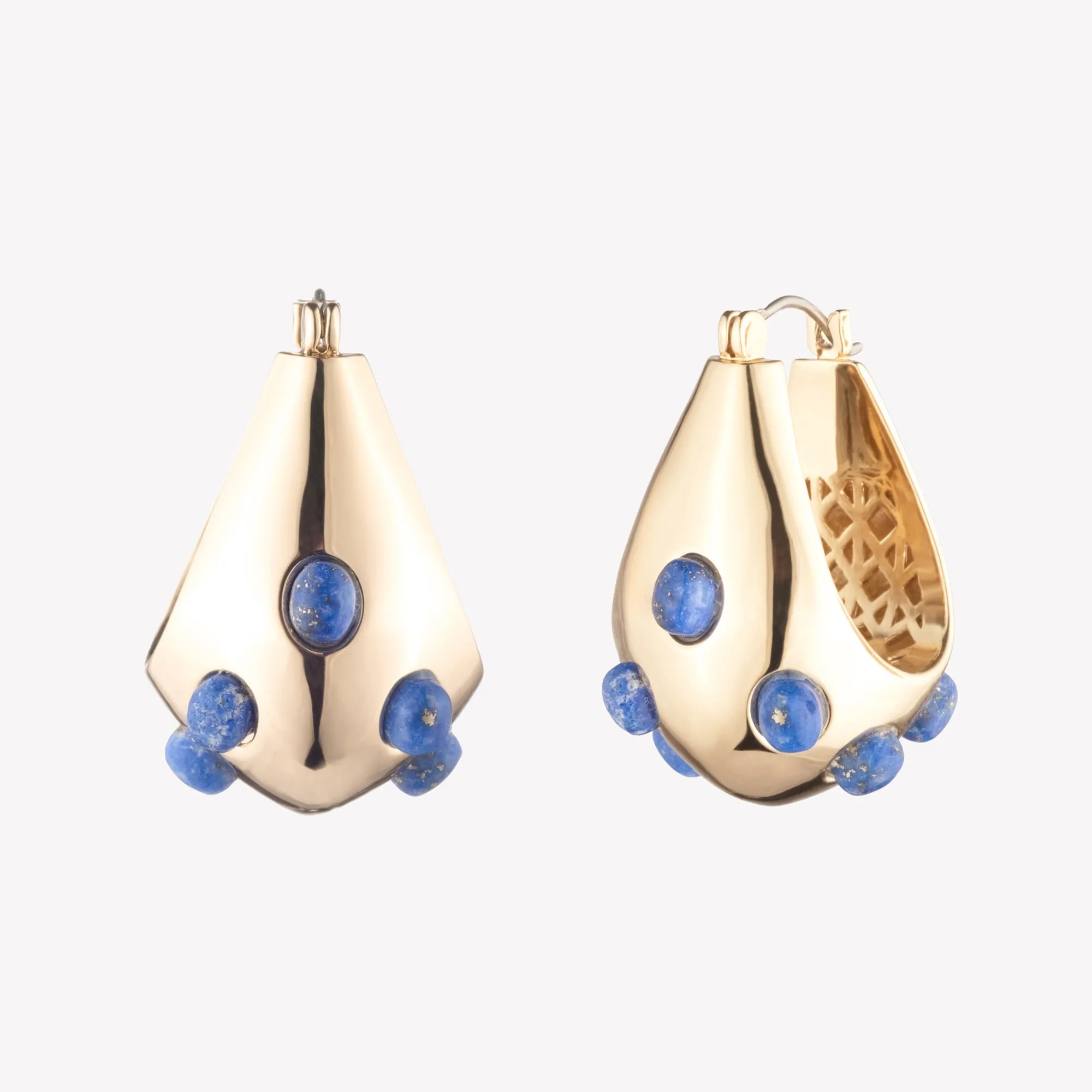 CABOCHON TEARDROP HOOP EARRINGS - LAPIS LAZULI