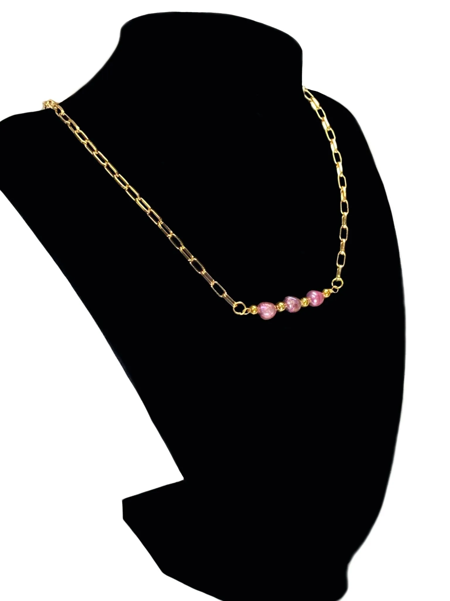 Cattlaya Handmade Orchid (Dyed) Cultured Pearl and Gold Plated Paperclip Chain 18Necklace