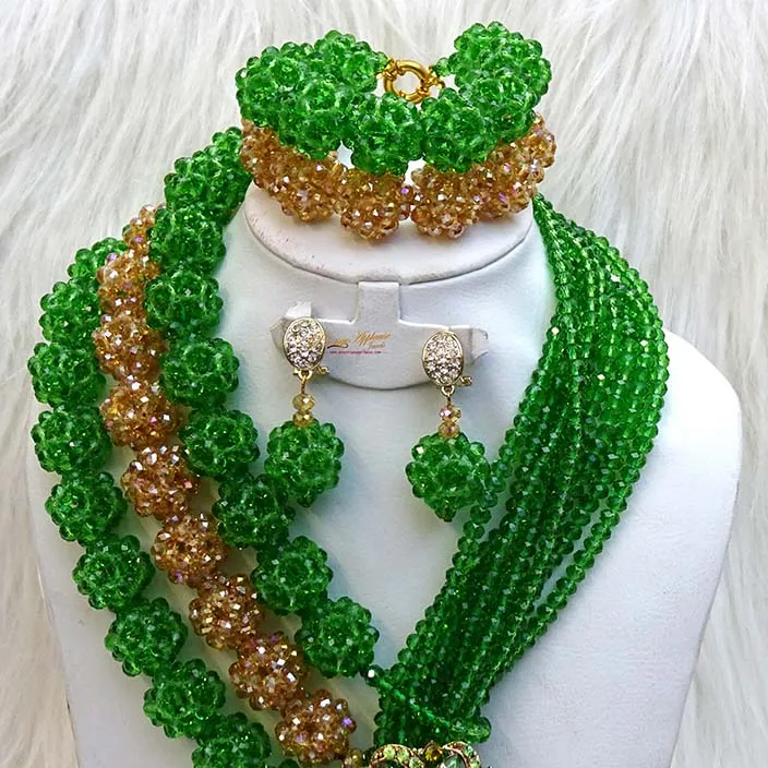Clearance Sales Green & Gold Crystal Elongated Bridal Party  Jewellery Set
