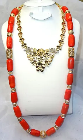 Combined Long Coral with Silver Gold Bling 1 Layers Original Traditional African Coral Beads With Gold Plated Necklace Jewelry Set