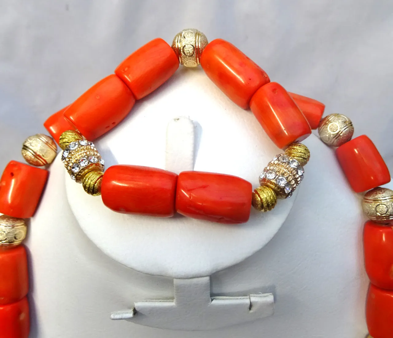 Combined Long Coral with Silver Gold Bling 1 Layers Original Traditional African Coral Beads With Gold Plated Necklace Jewelry Set
